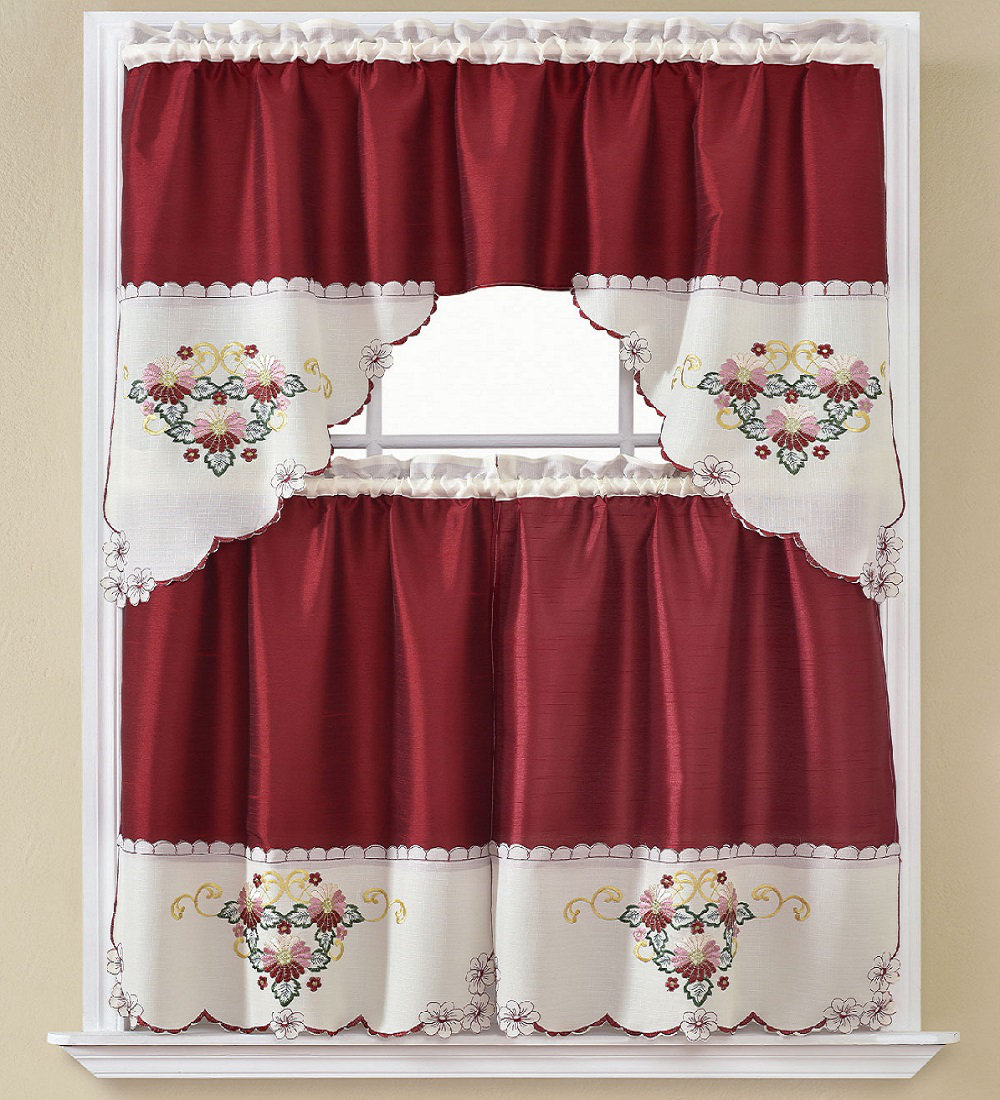August Grove® Caudill Floral Swag 60'' Kitchen Curtain in Burgundy