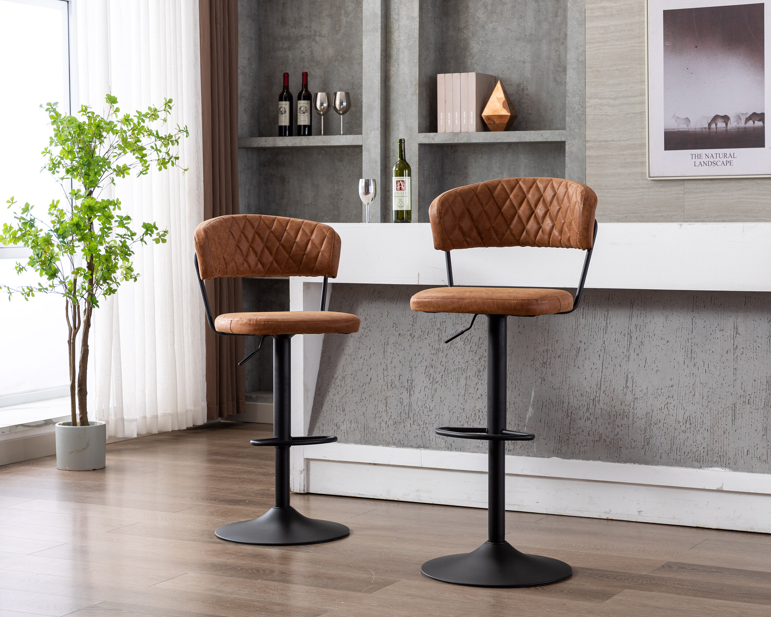 Adjustable Barstool Brown Swivel Bar Stool Chairs with Low Back Brown Pub Kitchen Counter Height Stool Industrial Bar Stool Bar Stools Set of 2 