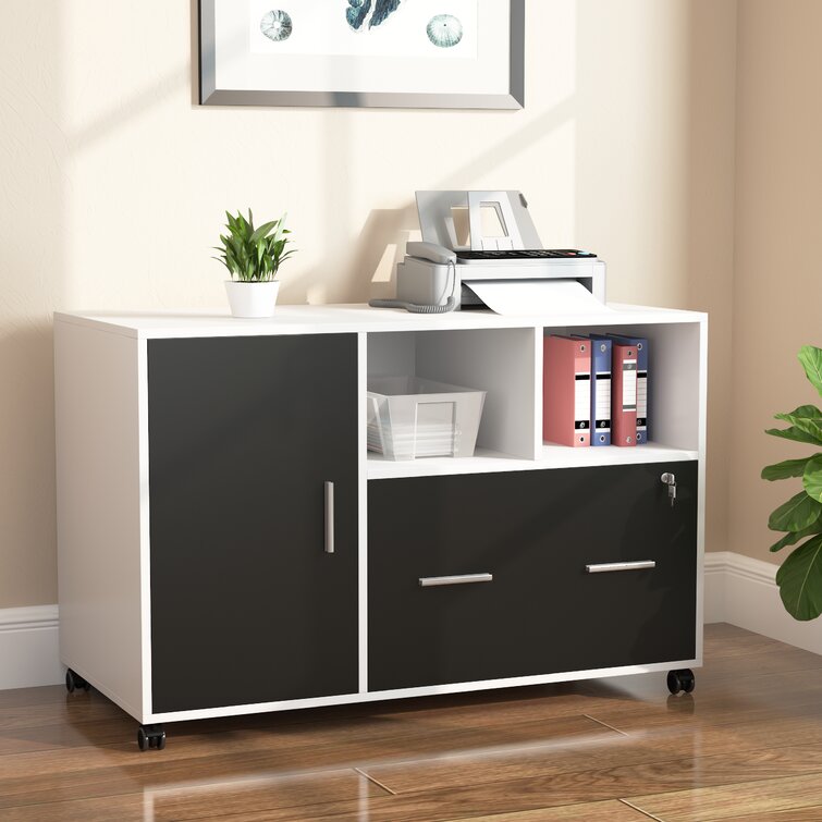 Wood Mobile Lateral Filing Cabinet with Locks and Wheels Open Storage Shelves 