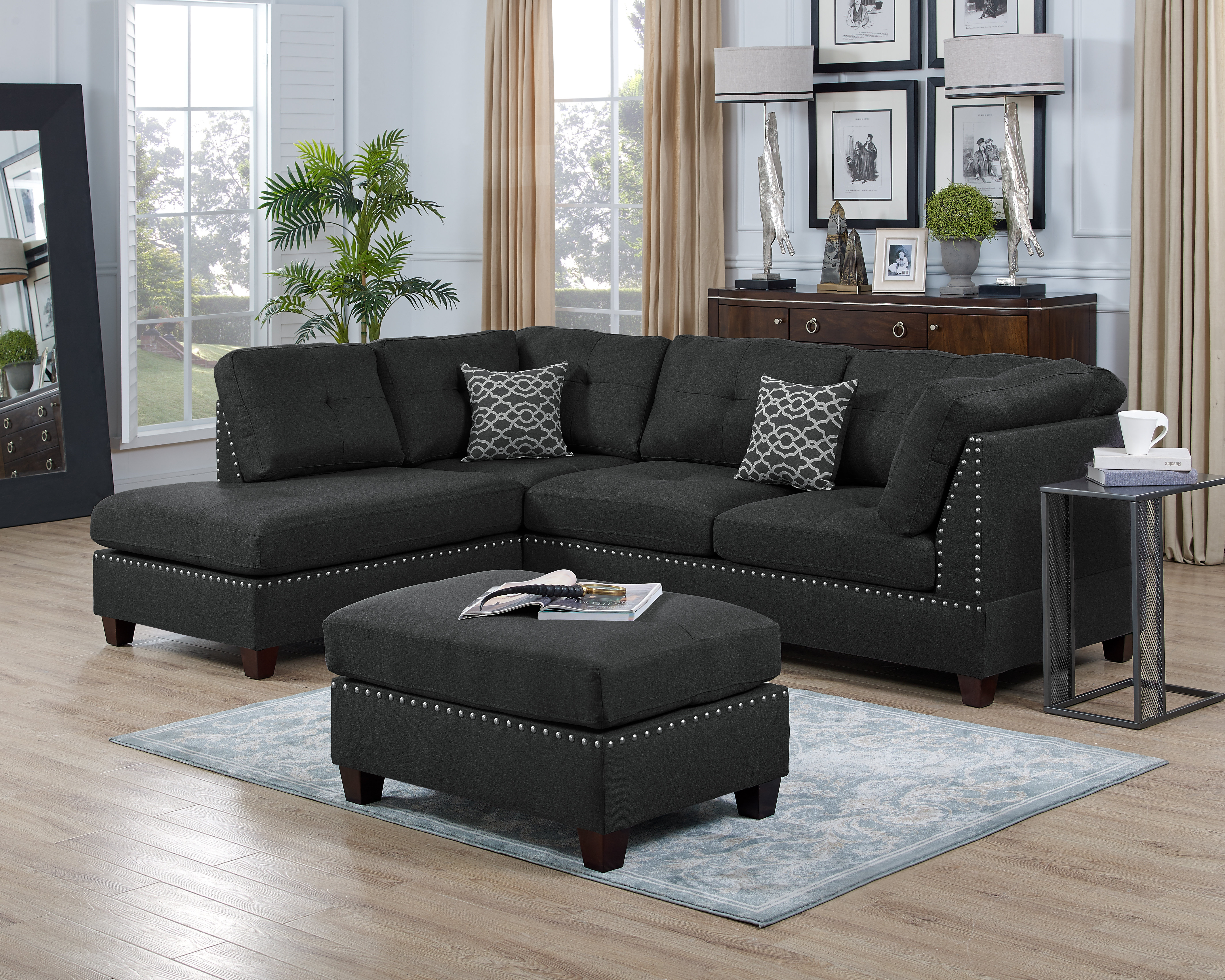 Adomas 104″ Wide Velvet Reversible Sofa & Chaise with Ottoman