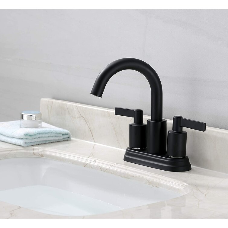 Matte Black Weco Kitchen and Bath Industry Co Ltd. Derengge FL-0288-MT 4 Two Handles Lead Free Bathroom Sink Faucet with Drain Assembly