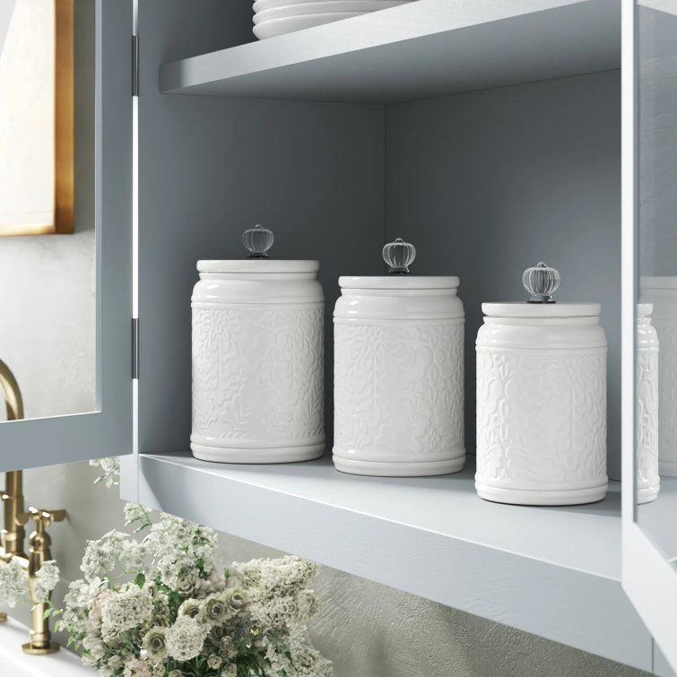 White Floral Canisters With Clear Glass Knobs