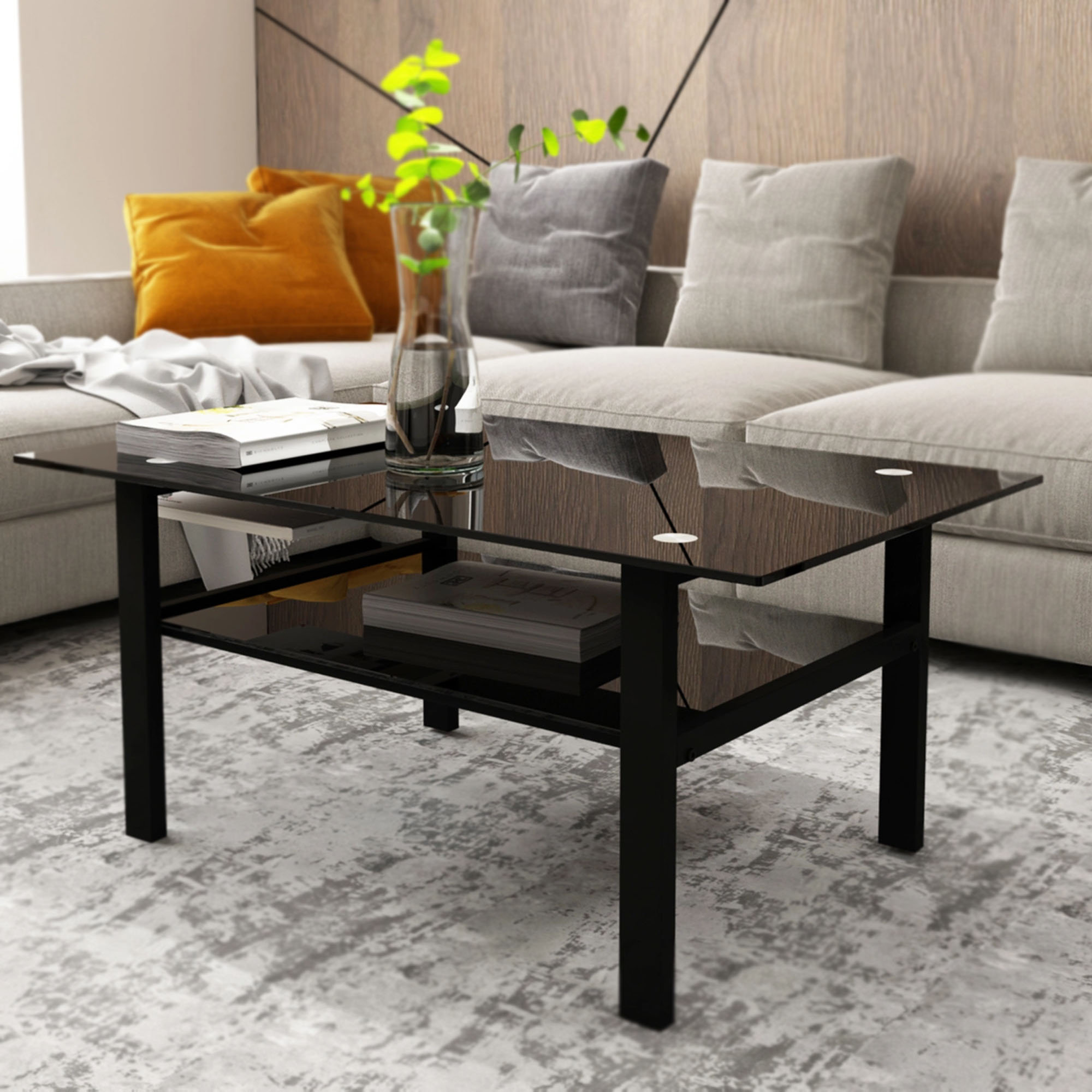 Ebern Designs Black Glass Coffee Table, Black Living Room Coffee Table