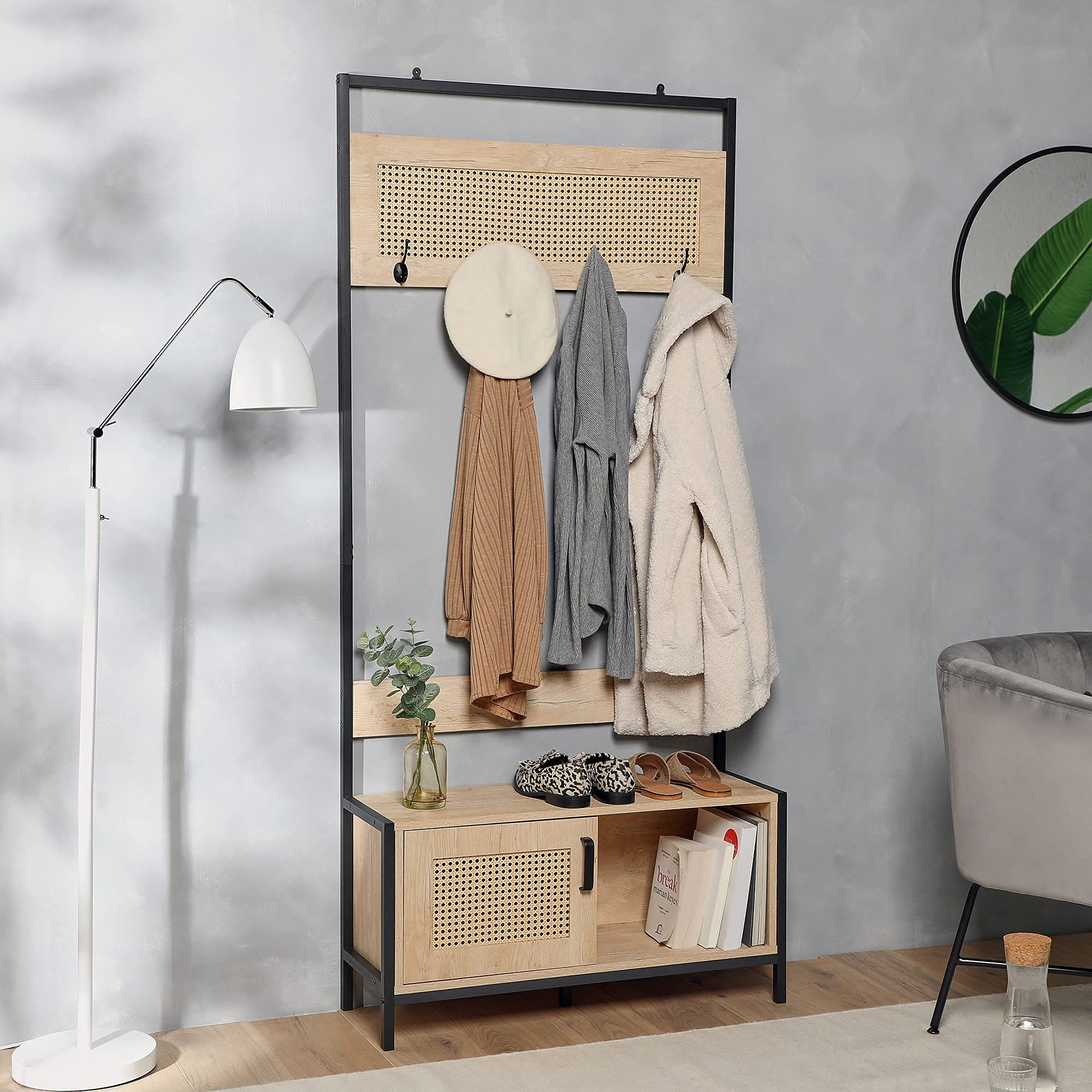 Rosalind Wheeler Rattan Hallway Storage Unit Coat Rack Stand W/ 4