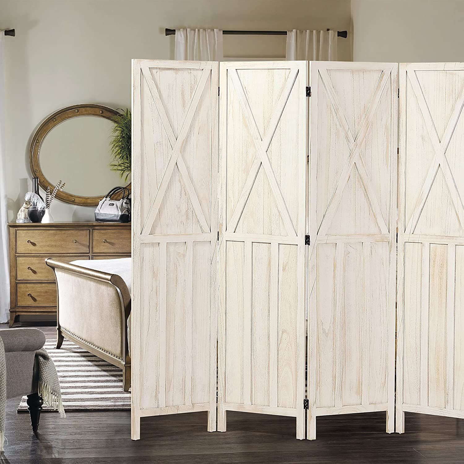 Gracie Oaks 5.8 Ft Tall Wood Room Divider, 4 Panel Rustic Folding Privacy Screens Room Divider