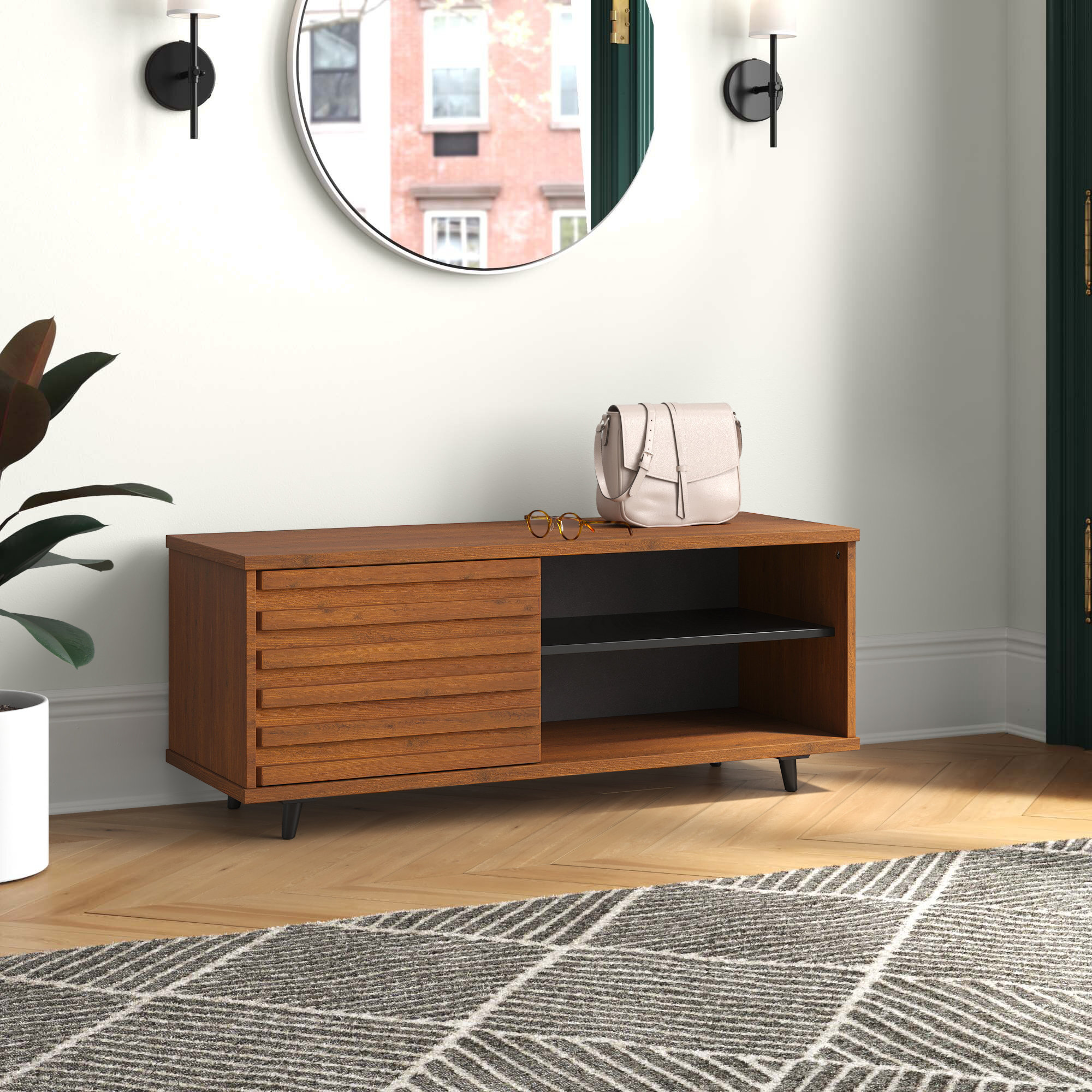 Mercury Row® Cory 44" Solid Wood Slat Door Storage Bench Walnut