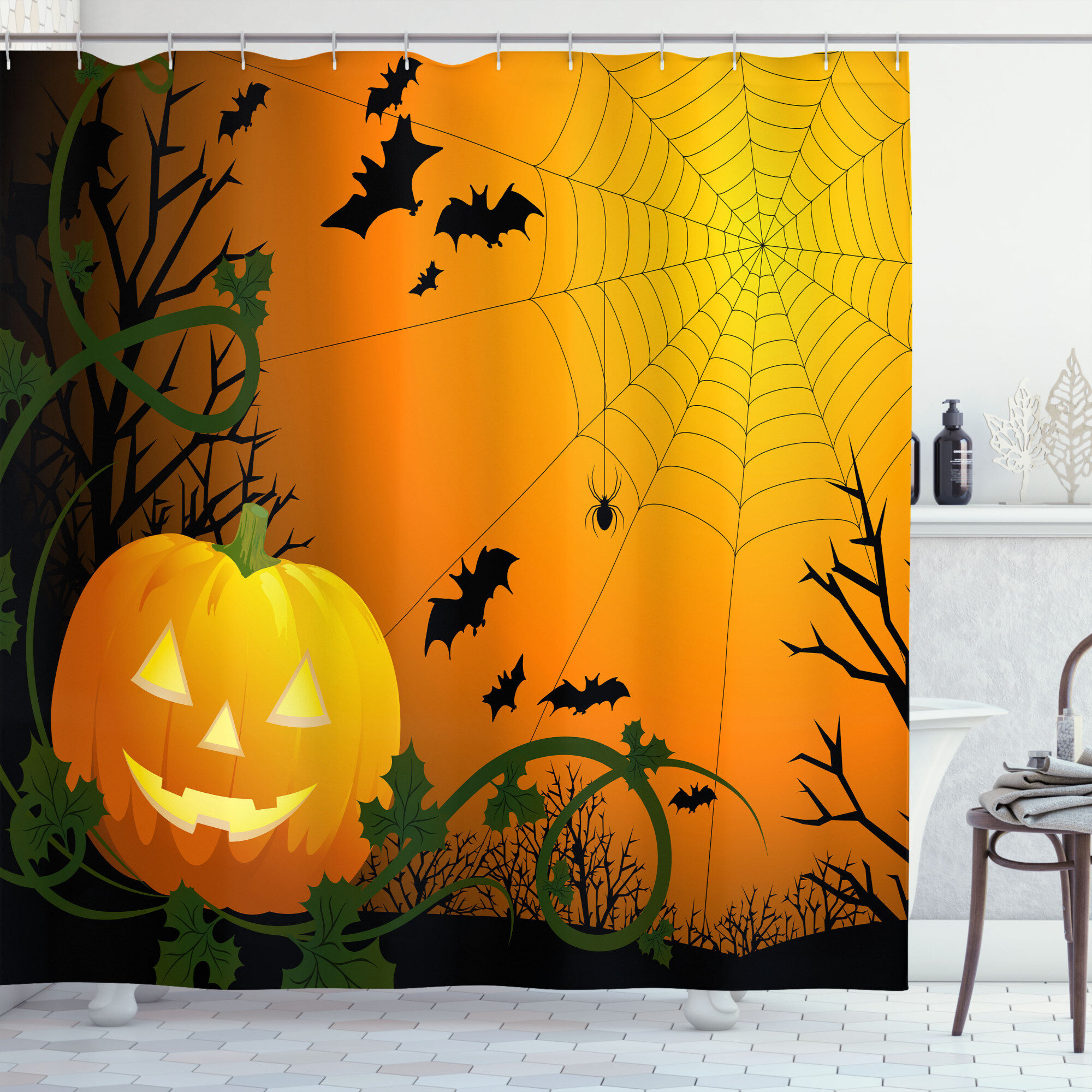 Dead Tree Pumpkin Bat Shower Curtain & Hooks Halloween Bathroom Accessory Sets 